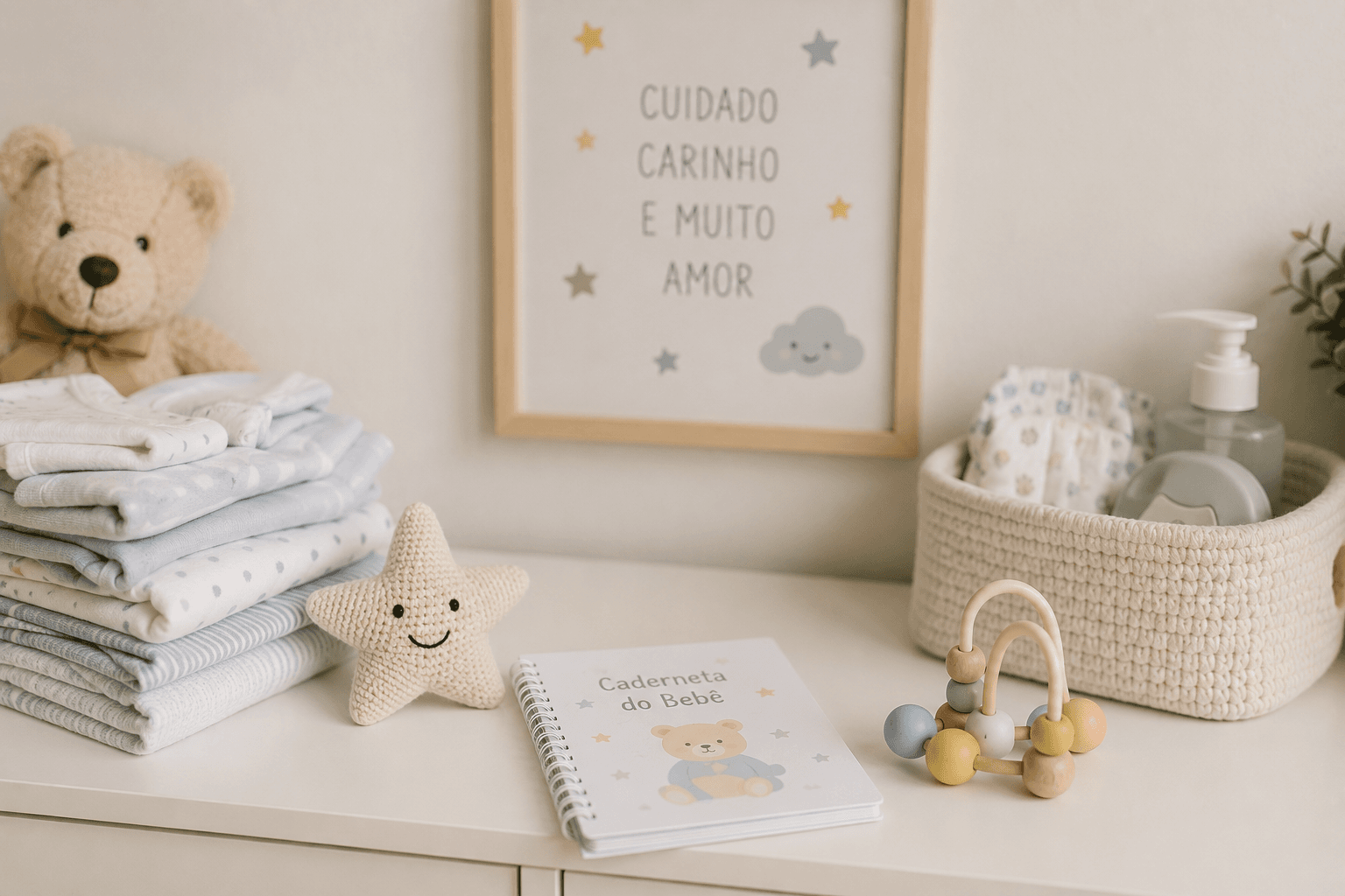 Trocador com roupas de bebê dobradas, caderneta do bebê e brinquedos.